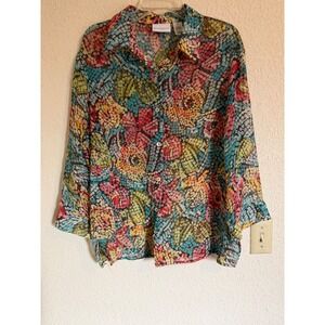 Alfred Dunner Womens 18 Multicolor Mosaic Floral Crinkle Sheer 3/4 Sleeve Blouse